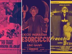 Locandine di film horror divertenti: un vampiro minaccia una donna, un esorcista con falce e ferro di cavallo, e Fracchia contro Dracula.