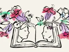 Ilustracja przedstawia otwartą książkę, z której wyrastają kwiaty. Po bokach książki widnieją profile dwóch osób.