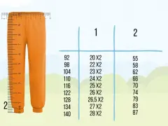 Pomarańczowe spodnie obok miarki. Tabela rozmiarów: rozmiar 110 jaki wiek? Sprawdź wymiary dla dziecka.