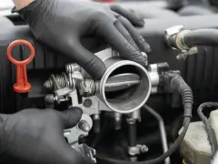 Mechanik w czarnych rękawiczkach sprawdza przepustnicę. Objawy uszkodzonego czujnika położenia przepustnicy mogą być różne.