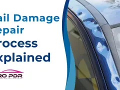 Close-up of a blue car with significant hail damage on the roofline, showing multiple dents. Text reads "Hail Damage Repair Process Explained.