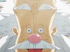 Nahaufnahme von Vegapunks Gesicht mit weißem Haar, Schnurrbart und rosa Nase.