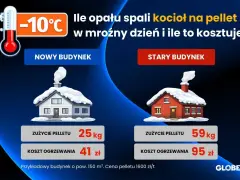 Porównanie kosztów ogrzewania: piec na pellet w nowym i starym budynku przy -10°C. Nowy budynek: 25kg pelletu, 41 zł. Stary: 59kg, 95 zł.