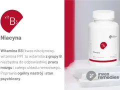 Niacyna, witamina B3, wspiera pracę mózgu i układu nerwowego, poprawiając nastrój. Opakowanie suplementu diety.