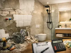 Kalkulator pokazuje 25000, a obok leżą pieniądze i dokument "Koszt remontu". Widać łazienkę w trakcie prac.
