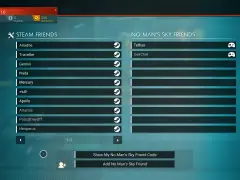 Interfejs gry No Man's Sky z listą znajomych Steam i No Man's Sky, pokazujący możliwości crossplay.
