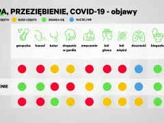 Porównanie objawów grypy, przeziębienia i COVID-19: gorączka, kaszel, katar, ból gardła, zmęczenie, ból głowy, mięśni, duszność, biegunka, zaburzenia węchu/smaku.