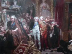 Tadeusz z obrazu Matejki, leżący na ziemi, z uniesioną głową i ręką na piersi, w otoczeniu innych postaci.