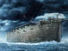 Noah's Ark, laden with animals like elephants and giraffes, braves a torrential downpour. The image evokes the long wait, wondering how long was Noah in the ark during the great flood.