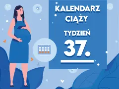 Kobieta w niebieskiej sukience, w 37 tygodniu ciąży, z kalendarzem.