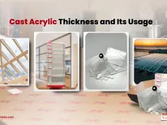 Collage showcasing cast acrylic uses: a sunlit atrium roof, acrylic thickness samples in a holder, a fan of acrylic swatches, and a modern pier with a transparent canopy at sunset.