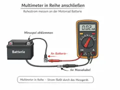 Misurazione del voltaggio batteria moto a riposo: un multimetro collegato in serie alla batteria mostra 0.02 mA.