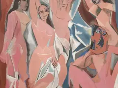 Les demoiselles d'Avignon : cinq femmes aux formes cubistes, certaines nues, dans une composition audacieuse.