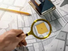 Szukasz informacji, jak sprawdzić zadłużenie księgi wieczystej? Na mapie działka 220 jest badana lupą, obok leży model domu i ołówek.