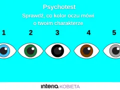 Pięć stylizowanych oczu w różnych kolorach: niebieskim, zielonym, czarnym, brązowym i szarym, z numerami od 1 do 5.