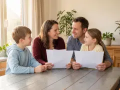 Familie bespricht Dokumente, vielleicht zur Absicherung des Bezugsrechts einer Lebensversicherung.