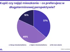 Wykres kołowy pokazuje, że 46% młodych Polaków preferuje najem mieszkania/domu, co może wynikać z prawdziwych powodów dla których młodzi Polacy rezygnują z własności na rzecz najmu.