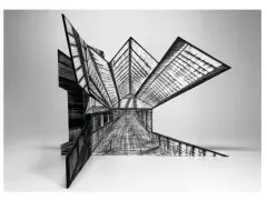 Szkic architektoniczny przedstawiający futurystyczną konstrukcję z ostrymi kątami i przeszklonymi elementami. Doskonałe zastosowanie zasad kompozycji tworzy wrażenie głębi i dynamiki.