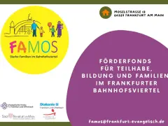 Gelbe Kreisgrafik mit stilisierten Familien und dem Schriftzug FAMOS.