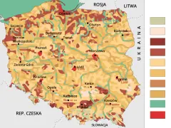 Mapa Polski z zaznaczonymi miastami i regionami o różnym ukształtowaniu terenu. Występują tu gleby, które można zaklasyfikować jako kod odpadu 17 05 04.