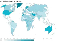 Mapa świata pokazująca odsetek ludzi cierpiących na depresję, z legendą w odcieniach niebieskiego.