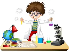 Chłopiec w fartuchu laboratoryjnym z dumą prezentuje swoje **eksperymenty chemiczne dla dzieci**. Na stole stoją probówki, mikroskop i globus.