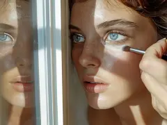 Une main applique un fard lumineux sous l'œil d'une jeune femme aux yeux bleus, pour faire un contouring subtil.