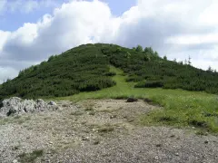 Wielka królowa kopa, porośnięta kosodrzewiną, wznosi się ku błękitnemu niebu z chmurami. Ścieżka wije się po jej zboczu.