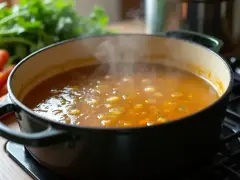 Gorący bulion warzywny bulgocze w garnku, unosząc parę. Obok leżą marchewki i zielona natka.