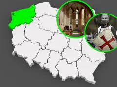 Mapa Polski z zaznaczonym Pomorzem Zachodnim, wnętrzem kościoła i rycerzem w zbroi. Odkryj zamki templariuszy w Polsce.