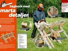 Man bygga sågbock med smarta detaljer för snabbare och säkrare vedhantering. Bilden visar en person som använder en motorsåg på en sådan.