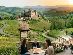 Scenic Italian countryside with a castle, vineyards, and people enjoying food and cycling, perfect for day trips from Parma, Italy.