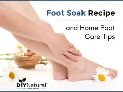 A gentle foot soak recipe for dry feet, with daisies and a candle, promoting natural home foot care.
