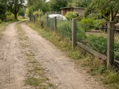 Droga wewnętrzna biegnie wzdłuż siatkowego ogrodzenia, wyznaczając minimalną odległość od granicy działki.