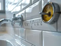 Robinet de salle de bain encastrable avec une graduation indiquant la hauteur. Un indicateur jaune est visible.