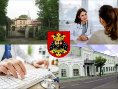 Lekarz medycyny pracy Lipno: konsultacja lekarska, wpisywanie danych na klawiaturze, budynek przychodni i herb miasta.