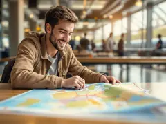 Glad ung man planerar sin interrail europa-resa med karta.