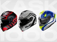 Trzy kaski motocyklowe HJC i Airoh: czarny z czerwonymi pasami, biały z czarnymi akcentami i niebiesko-żółty. Wybierz najlepszy kask motocyklowy dla siebie!