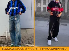 Dos jóvenes muestran outfits de blokecore: uno con jersey de fútbol vintage y jeans anchos, el otro con camiseta retro y pantalones negros.