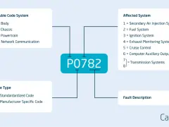 Diagram explaining OBD2 codes, focusing on P0782, its affected transmission system, and code type.
