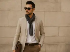 Uomo elegante casual con blazer beige, sciarpa grigia, occhiali da sole e borsa in pelle.