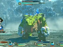 En Monster Hunter Stories 3, un Feral Chatacabra verde y rocoso se enfrenta a un equipo.
