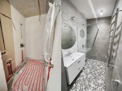 Łazienka przed i po remoncie. Widoczna instalacja wodna i ogrzewanie podłogowe, a potem nowoczesna armatura, prysznic i umywalka.