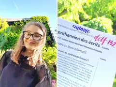 Uśmiechnięta dziewczyna w okularach na tle zieleni, obok fragment testu z napisem "delf B2".