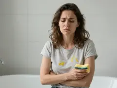 Femme dépitée tenant une éponge, son t-shirt taché de jaune, près d'une baignoire. La **trace jaune baignoire** semble tenace.
