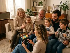 Une famille rit en choisissant un style de musique sur une tablette, créant une ambiance joyeuse.