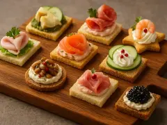 Varietà di tartine per aperitivo su tagliere: salmone, gamberetti, caviale, salumi, prosciutto, verdure e paté.