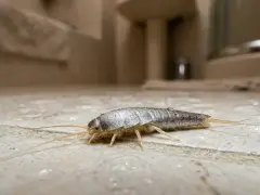 Un pececillo de plata, con su cuerpo plateado y escamas brillantes, se arrastra sobre baldosas húmedas del baño.