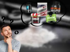 Mann überlegt, welche Kreatin- und Taurin-Produkte Testsieger sind. Mehrere Dosen und Kapseln schweben über seinem Kopf.