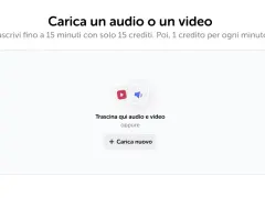 Area per caricare audio o video per sbobinare file audio. Trascrivi fino a 15 minuti con 15 crediti.